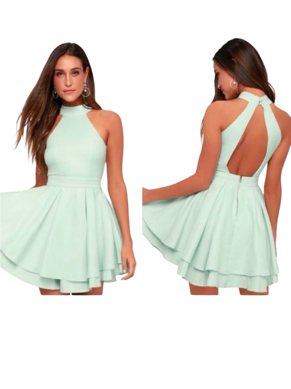 NWT Lulus Women’s mint green skater dress with a halter neckline in size Medium